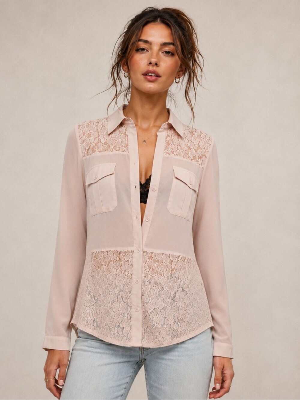 Status Array Lace Panel Semi- Sheer Button Front Blouse L Beige Boho Romantic